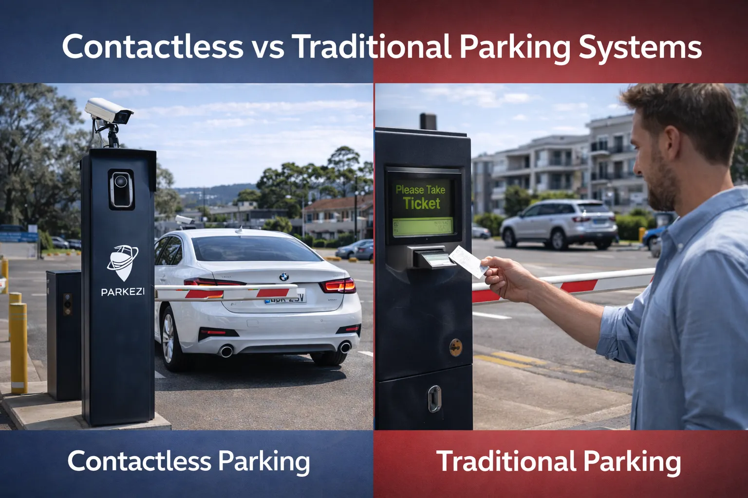 Image with comparison: Contactless vs Traditional Parking Systems