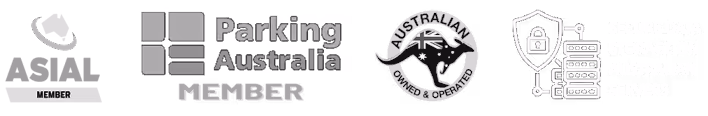 Various certification and membership logos, including ASIAL, Parking Australia, and Australian Owned and Operated.