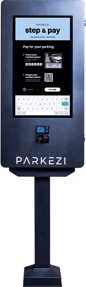 A parking payment kiosk with a touchscreen displaying payment options and a built-in card reader.