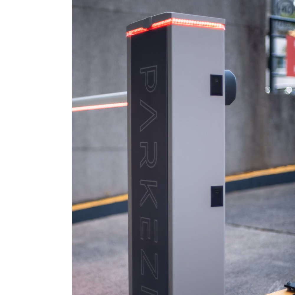Parkezi column gate unit with red LED access indicator.