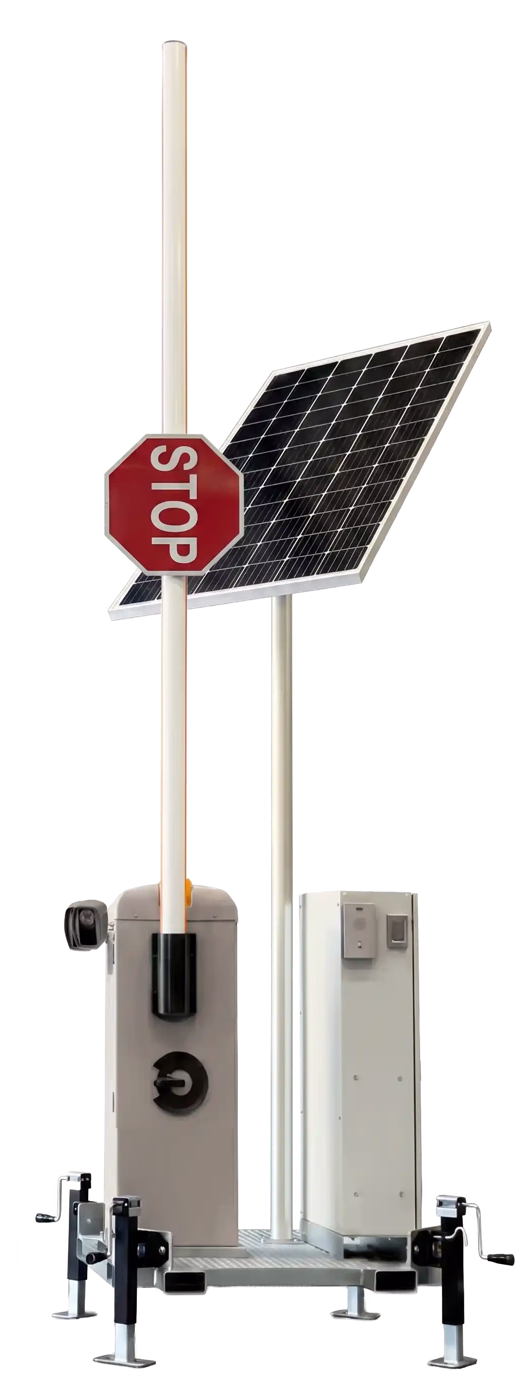 SolarGate+ mobile barrier gate with boom arm raised, in open position.