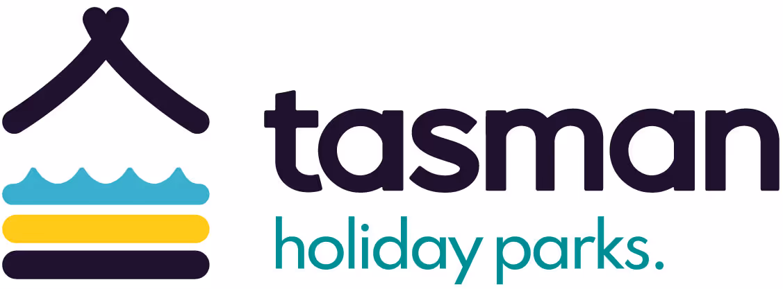 Logo of Tasman Holiday Parks, featuring a stylized house with waves and the text "tasman holiday parks."