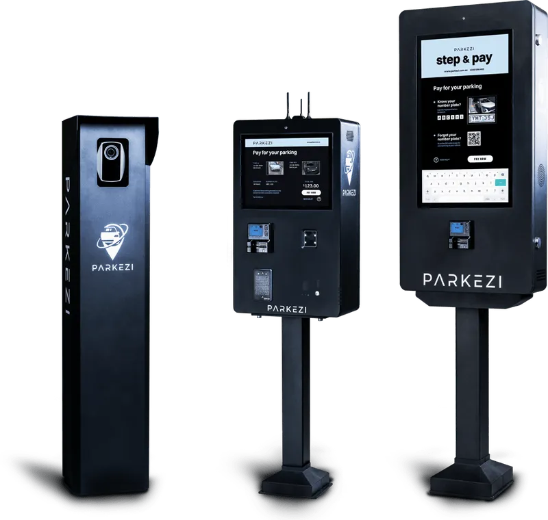Three electronic parking kiosks with digital screens and payment instructions.